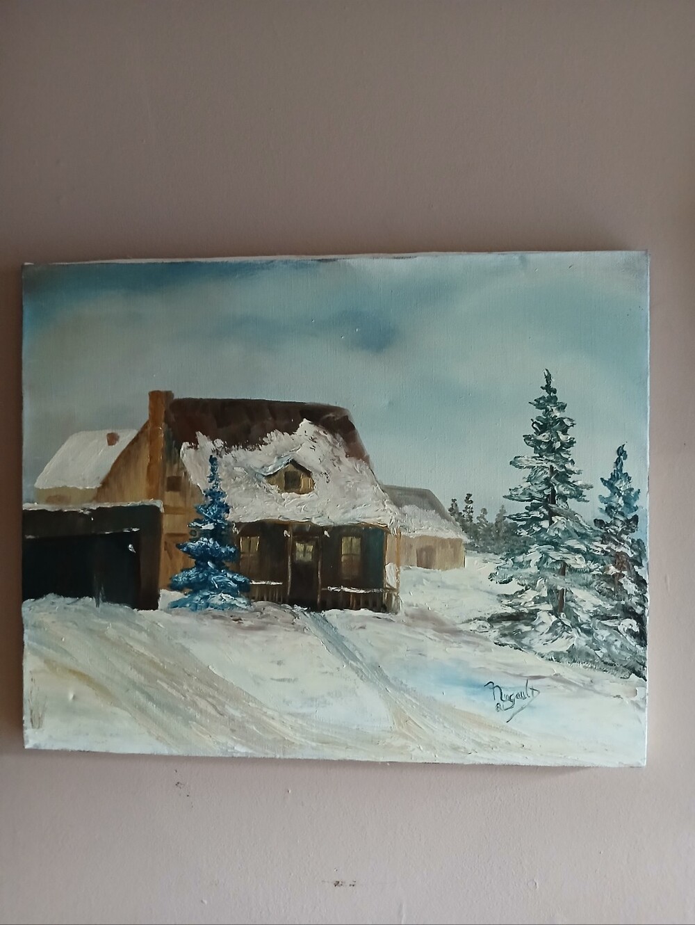 Winter Cabin Landscape Painting, Unframed
